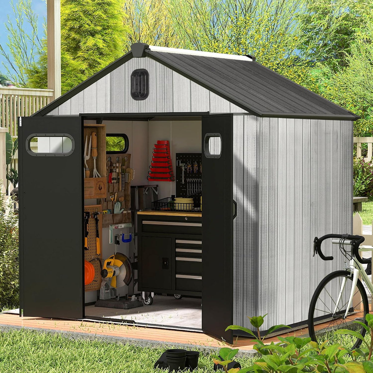 Gerätehaus domi outdoor living, 2,4 m, Grau, 4 x Gartenhaus aus Kunstharz, Allwetter-Doppelwand-Lagergebäude für Hinterhof