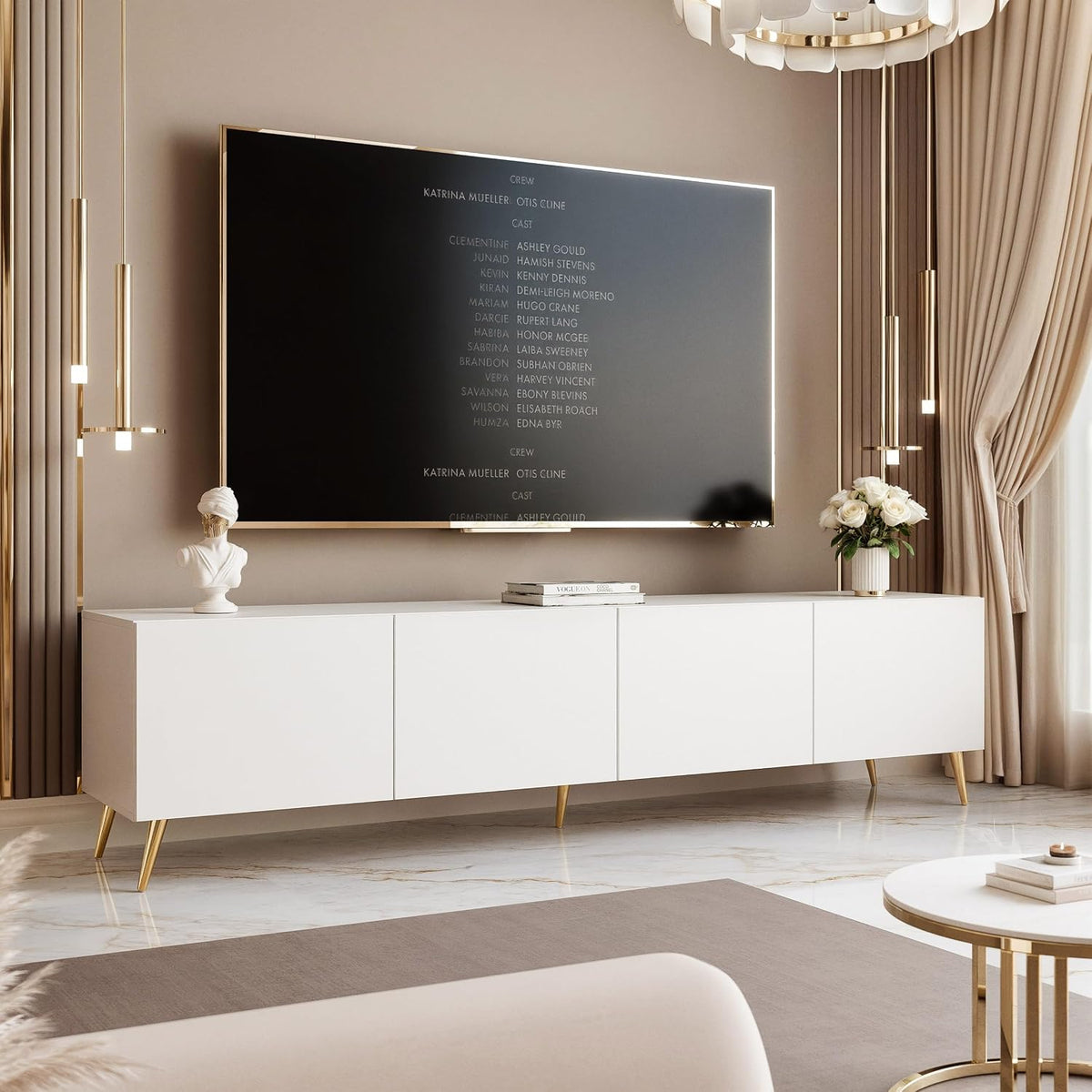 TV-Schrank IDOHOME, 200 cm, Schwarz, Lowboard, TV Lowboard stehend mit LED und 4 Fächern Weiß Matt