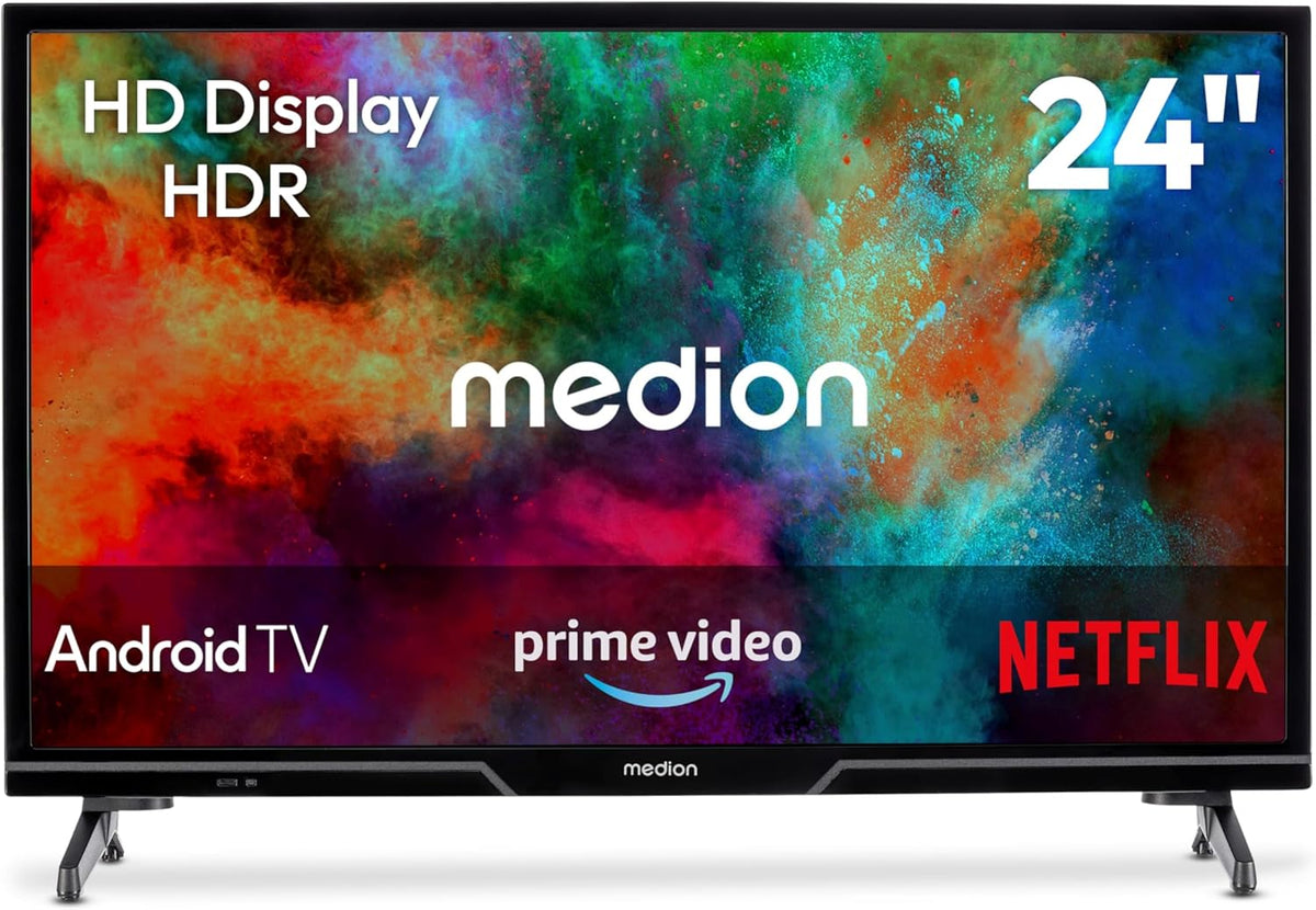 MEDION Fernseher, 59,8 cm, 24 Zoll, Schwarz, Smart TV, HD (Android TV, Smart TV, Prime Video, Bluetooth, MD 824100)