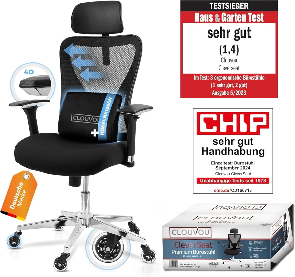 CLOUVOU Schreibtisch, Weiß, CleverSeat Bürostuhl Ergonomisch [TESTSIEGER]