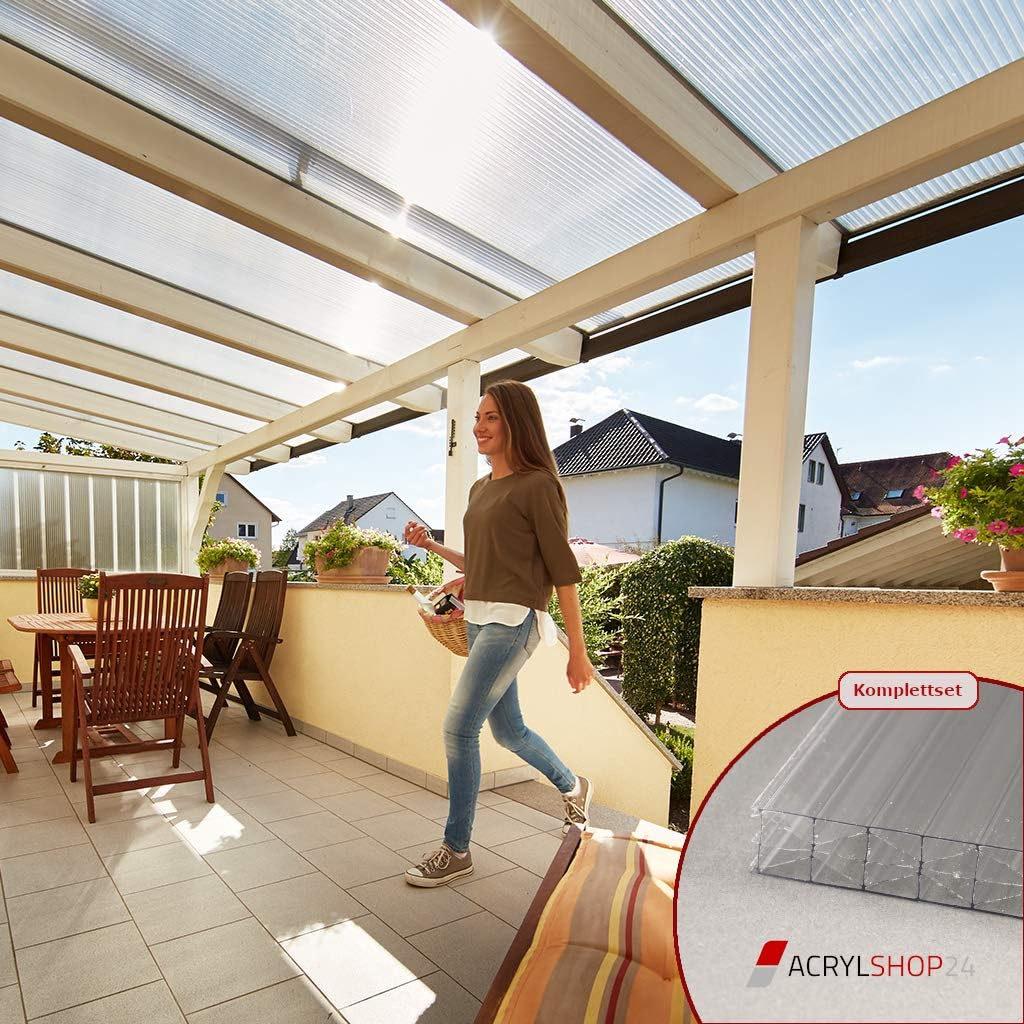 Acrylshop24 Stegplatten, 5000 mm, 16 mm, Grau, Terrassendach Terrassenüberdachung Carport Komplettset