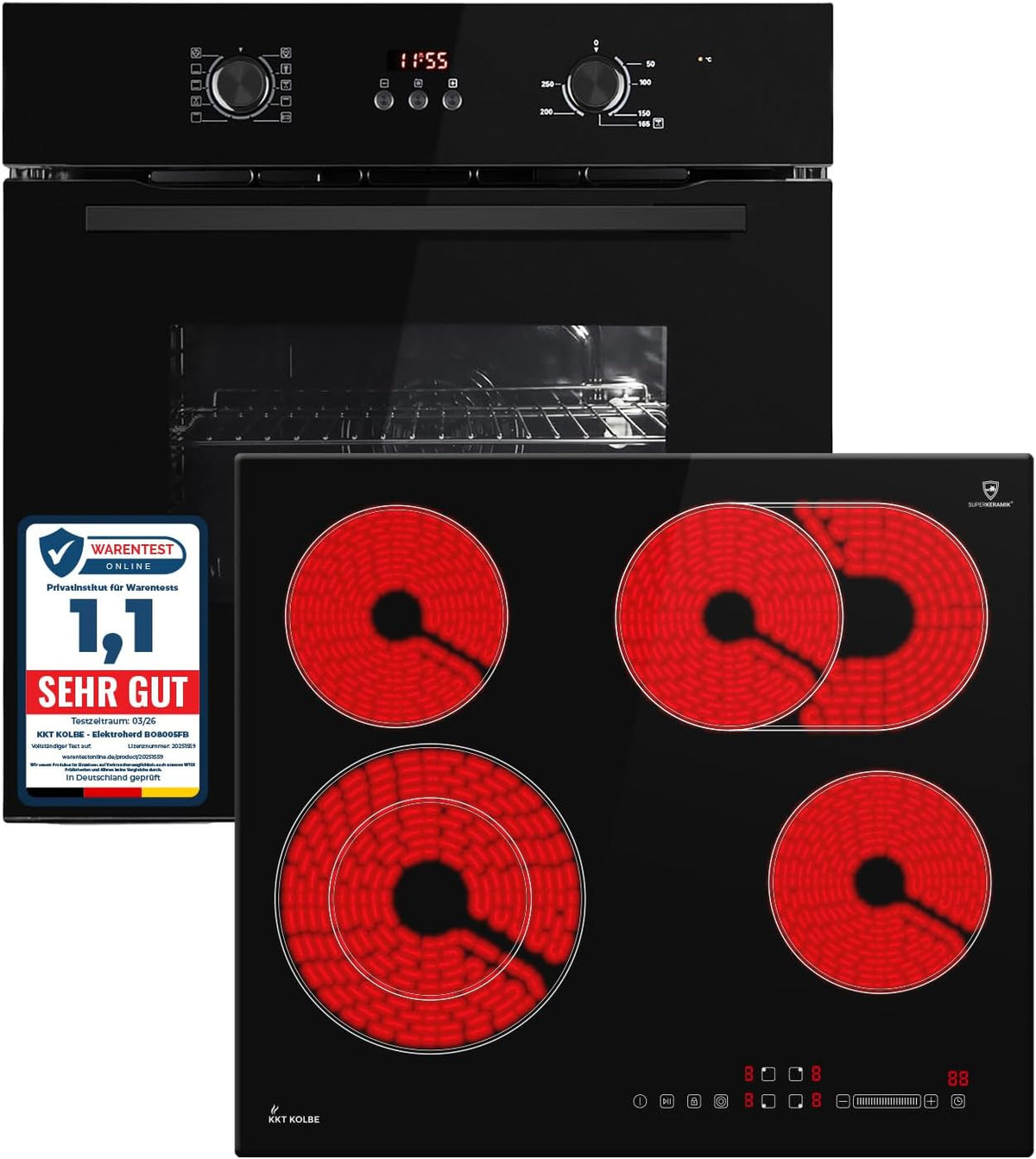KKT KOLBE Backofen, 6600 W, 60 cm, 59 cm, Schwarz, Autarkes Herdset, Einbau BO8005FB, Kochfeld CH5901RL, Grill, Heißluft