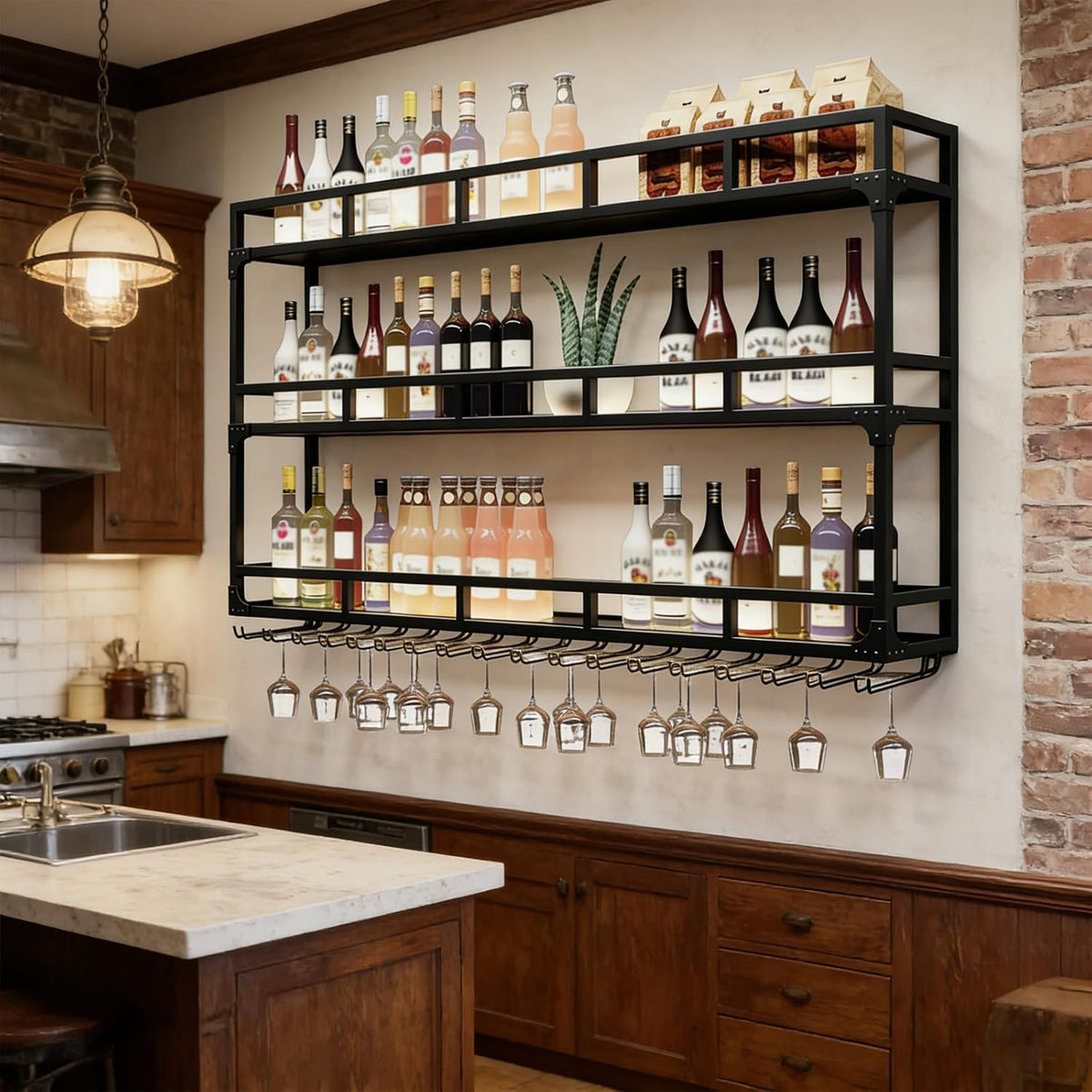 amhricho Weinregale, 90 cm, Braun, Weinregal Wand, 3 Ebenen Wand- mit Glashalter, Multi funktionaler Weinpareite Display Rack