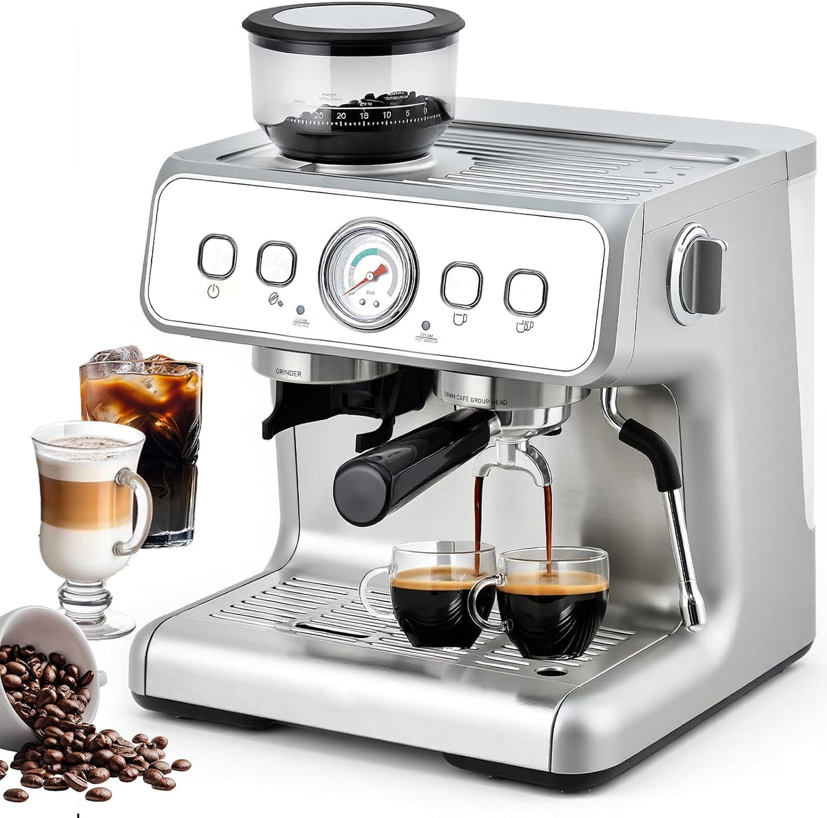 HAUSPROFI Milchaufschäumer, 15 Bar, 2,8 L, Silber, Siebträgermaschine mit Mahlwerk, Espressomaschine, Sichtbares Manometer