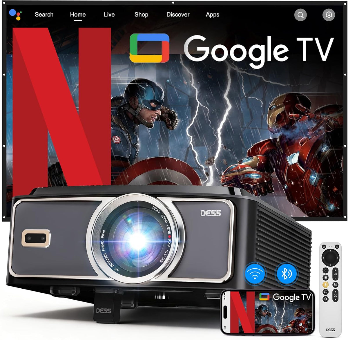 Beamer, Schwarz, 4K[2200ANSI&Autofokus/Trapezkorrektur] Tageslicht mit WiFi, DESS Full-HD 1080P Smart kurzdistanz