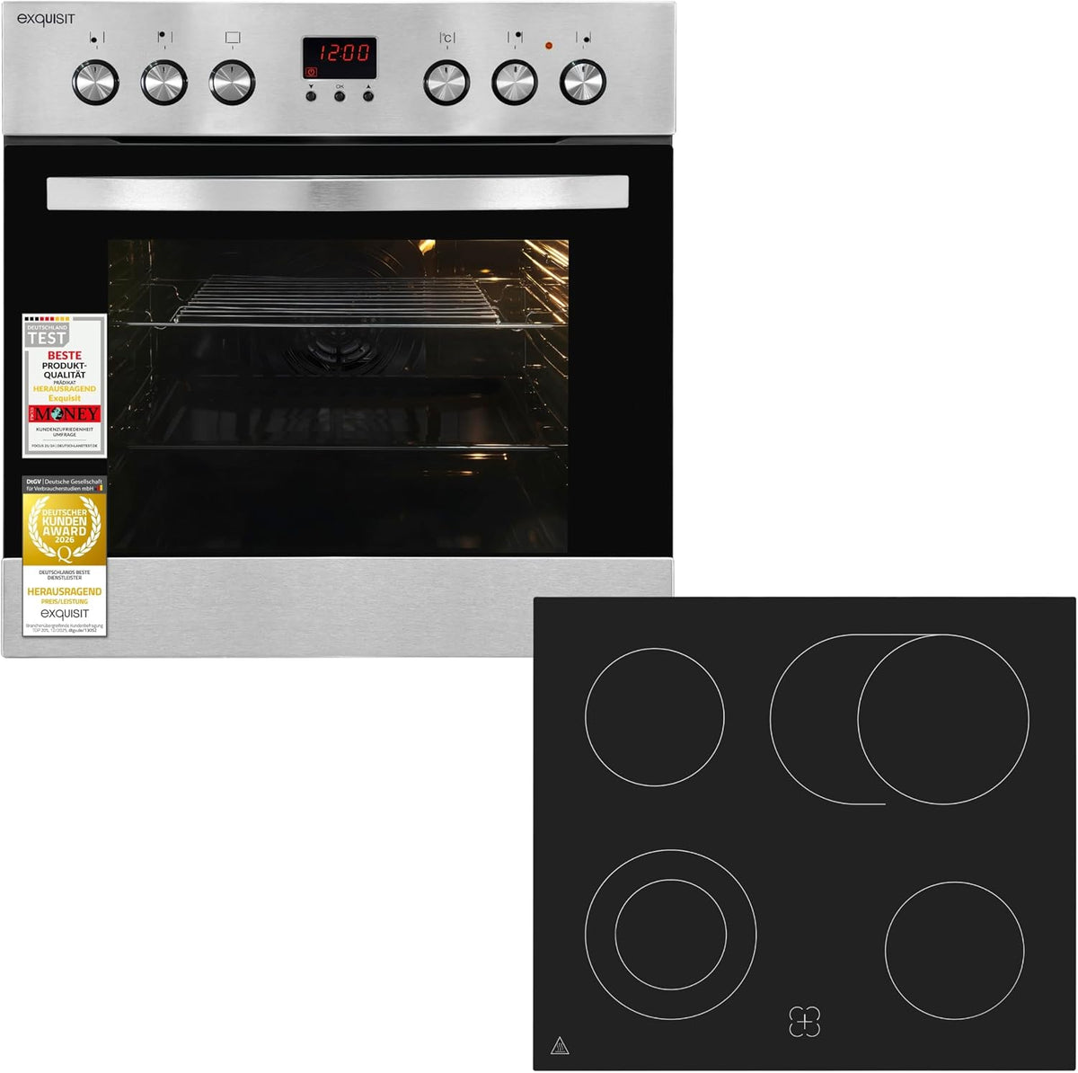 Exquisit Backofen, 58 l, Silber, Einbauherd-Set Inox - Umluft & Glaskeramik-Kochfeld