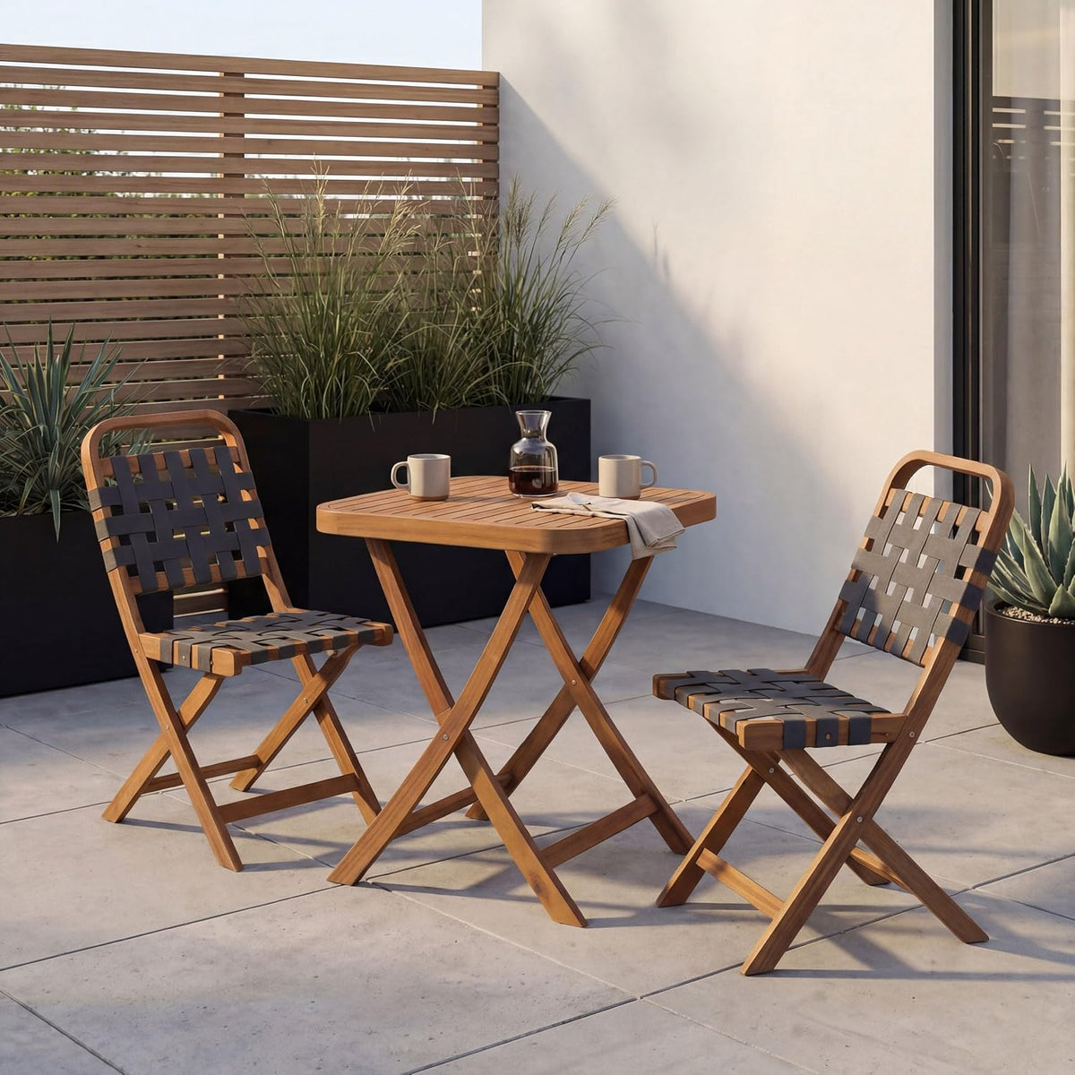 Mendler Beistelltisch, Natur/grau, Garten-Set HWC-P70, Sitzgruppe Balkon-Set Garnitur 2X Stuhl Tisch, Seilgeflecht Akazie Holz klappbar - Natur