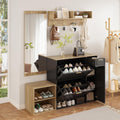 Merax Sitzbank, 139.5x35x166 cm, Spanplatte, Natur/Schwarz, Garderobenset 4-teilig, Garderobe Komplettprogramm mit Schuhschrank