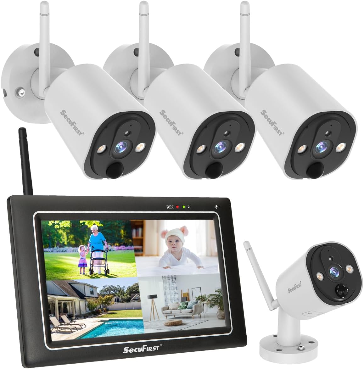 SecuFirst Monitor, 7 Zoll, Weiß/Schwarz, 2K Überwachungskamera Aussen Set mit, 4X Kameras Überwachung ohne WLAN + Touchscreen Funk NVR