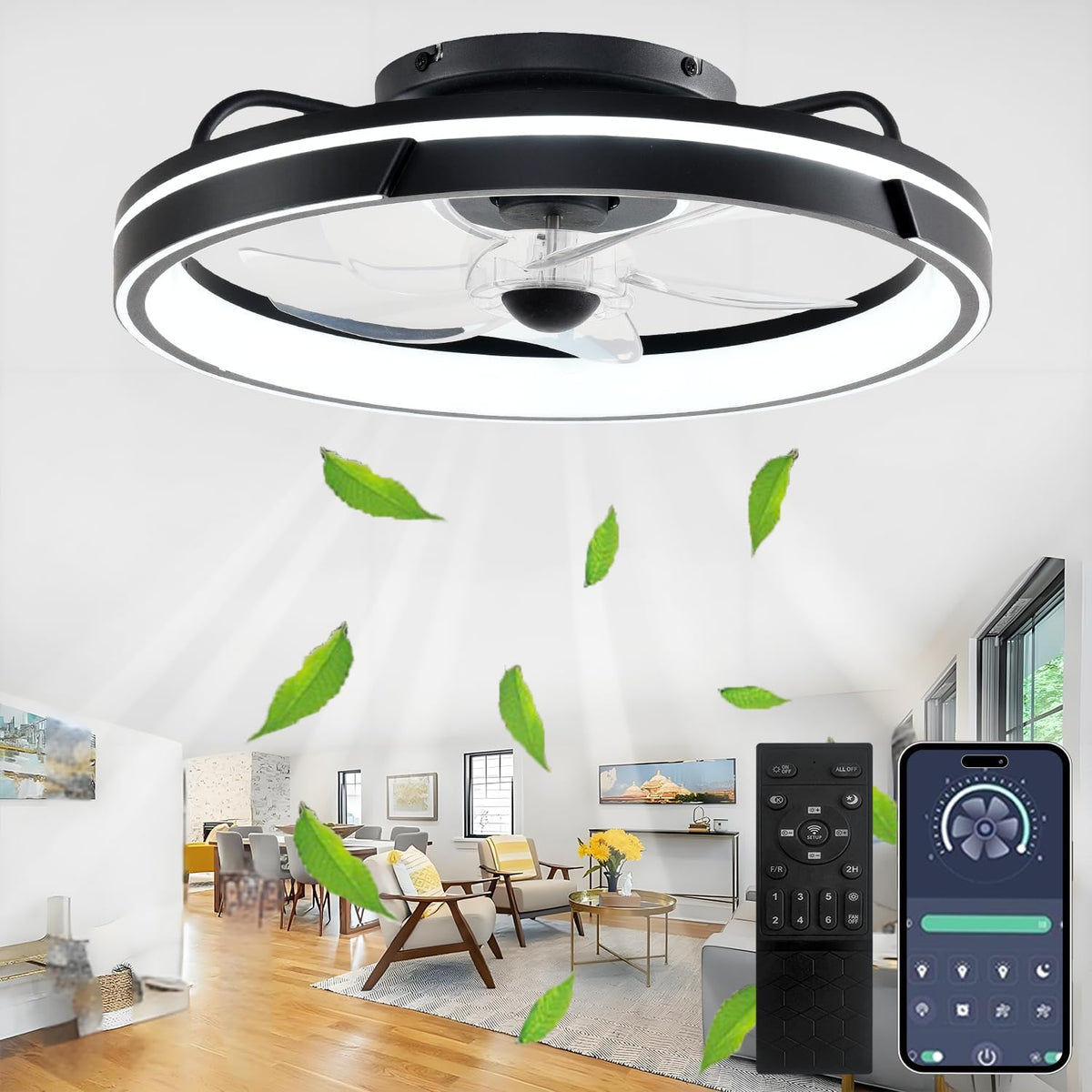 SXJCCSM Deckenventilator, 64 W, 5 L, Schwarz, LED mit Beleuchtung und Fernbedienung, Leise, APP Dimmbare Deckenleuchte mit Ventilator