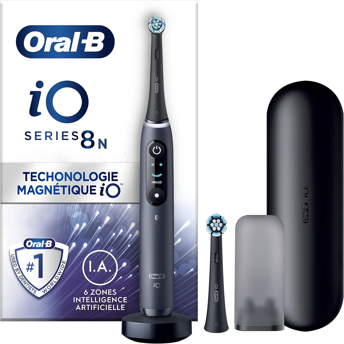Oral-B Rotierend, Braun/Schwarz, iO 8N Elektrische Zahnbürste mit 2 Bürstenköpfen und 1, entworfen von Braun, originelle Geschenke