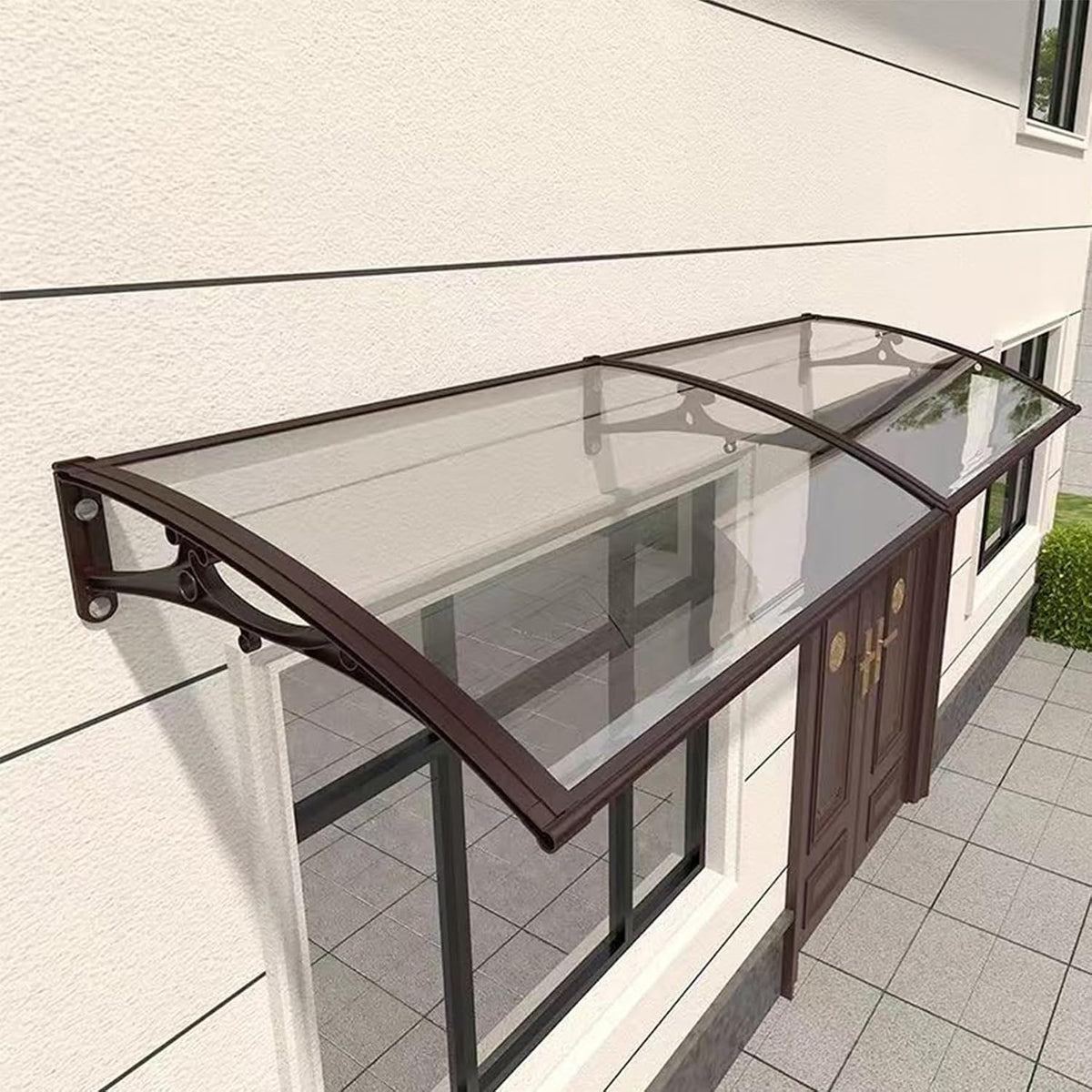 Wetsfgdg Pavillon, 150 cm, Braun/Transparent, Vordach für Haustür Pultbogenvordach aus Polycarbonat, Witterungsschutz gegen Regen
