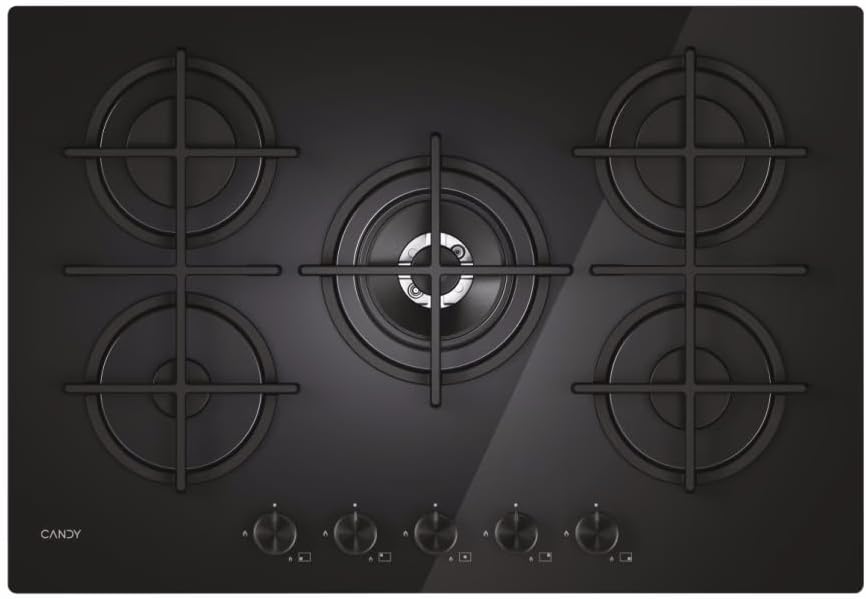Candy Kochfeld, 0,8 x 74,5 x 51 cm, Schwarz, Moderna Gas On Glass Gas mit 5 Brennern, gehärtetes Glas, Brenner mit doppelter Krone
