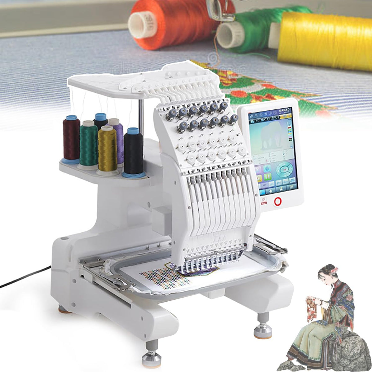 Stickmaschine Elektronisch gesteuerte Nähmaschinen, 25,4 cm, Schwarz, mit 12 Nadeln, 500 Muster über USB, LCD-Display