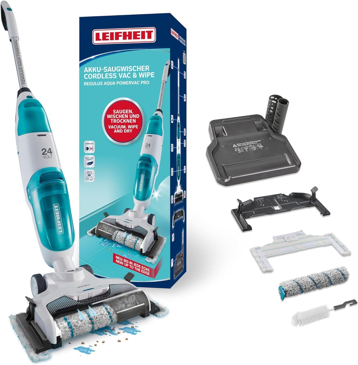 Leifheit Nass- & Trockensauger, 24 V, Weiß/Blau, Set Akku Saugwischer Regulus Aqua PowerVac inkl. zwei, saugen und wischen
