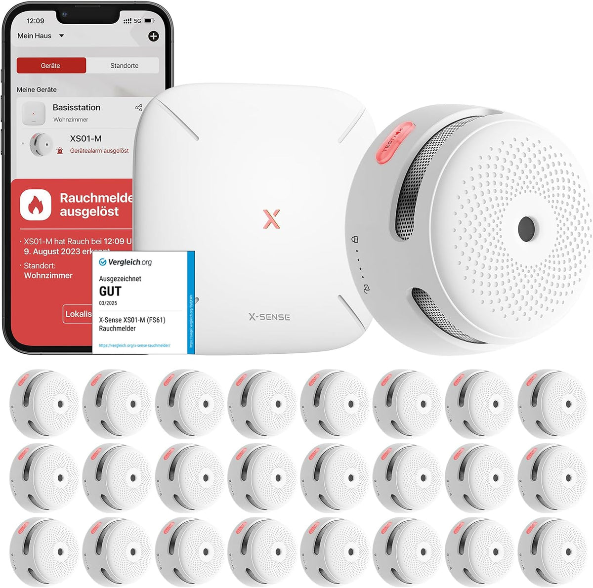 X-Sense Rauchmelder, Weiß, Smart XS01-M mit SBS50 Basisstation, Zertifiziert nach EN 14604, Funk mit WLAN, vernetzbarer Feuermelder