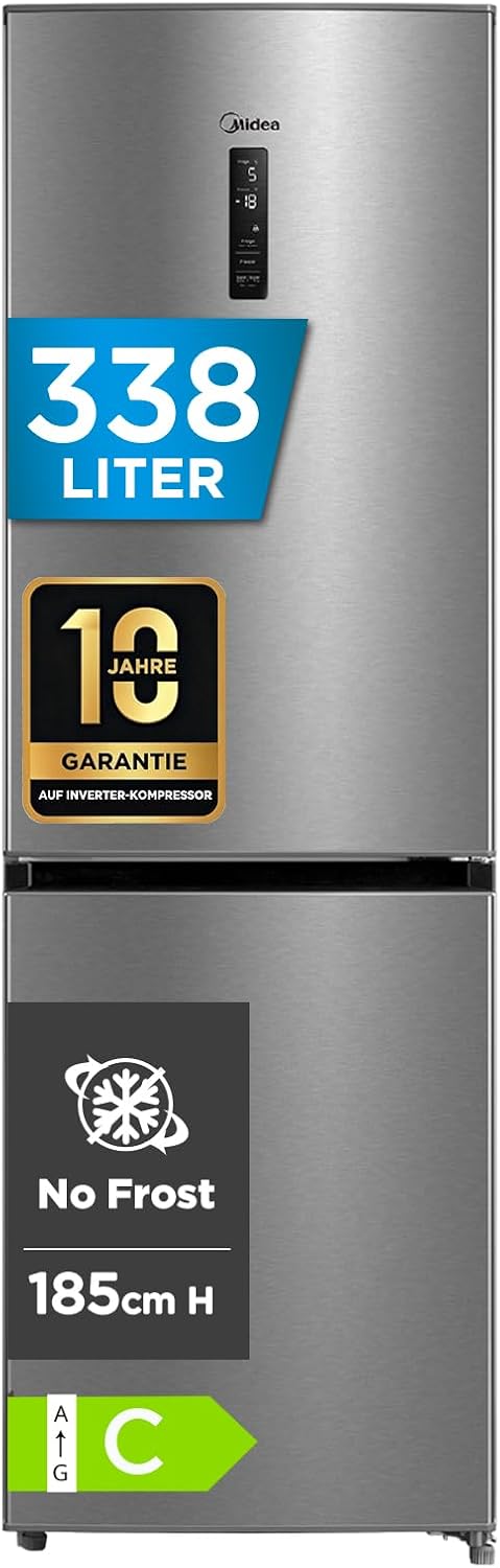Midea Kühl-Gefrierkombination, 59,5 cm, 185 cm, 70 cm, 216 L, Silber, MERB345MGC02 Kühl-/Gefrierkombination/No Frost/ hoch /