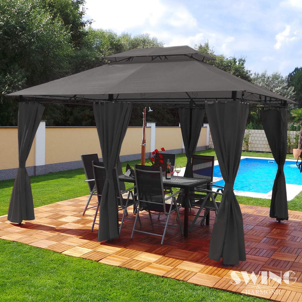 Swing&Harmonie Pavillon, anthrazit, Luxus 3x4m Minzo - inklusive Seitenwände Garten Partyzelt