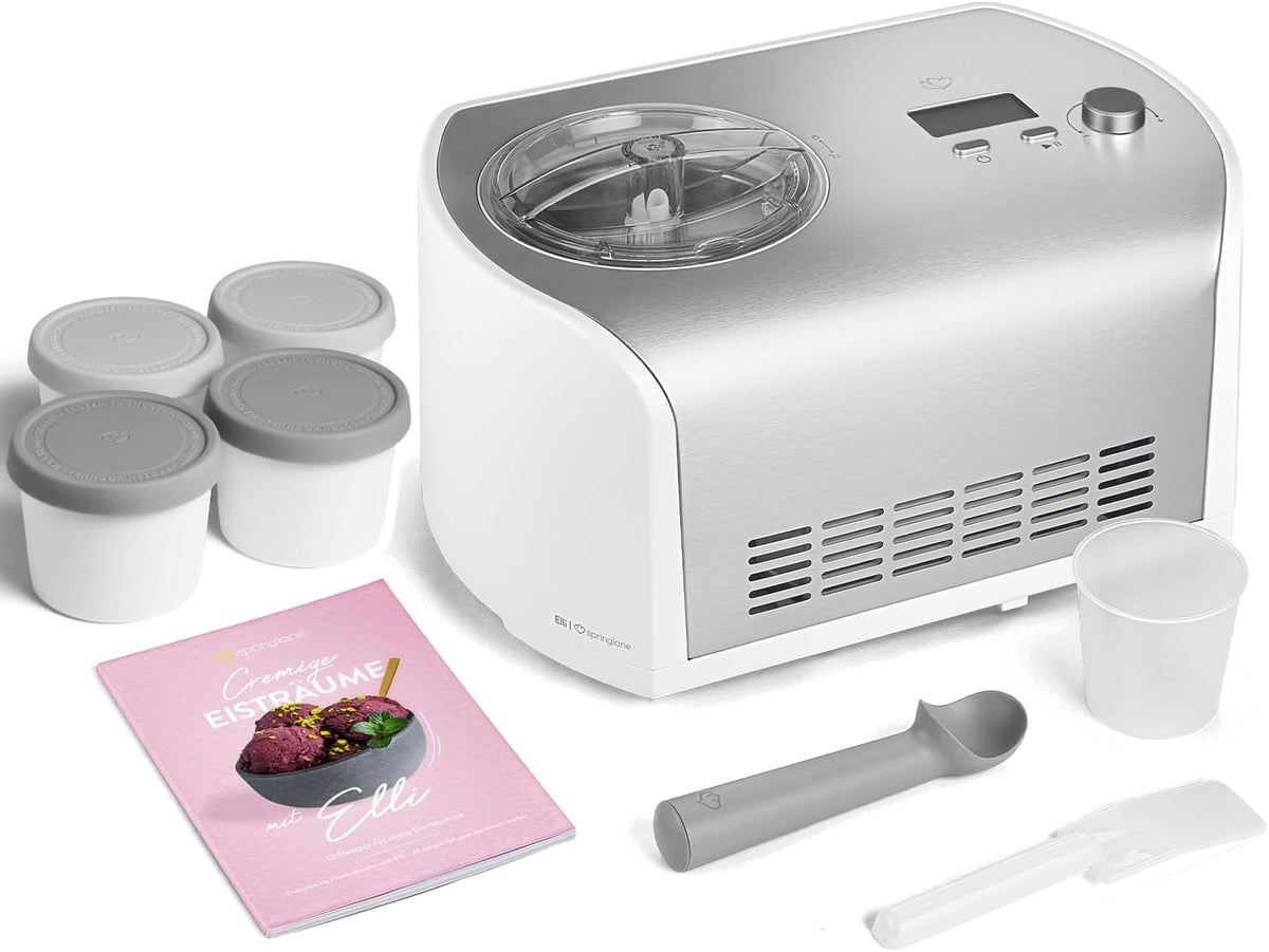 Springlane Kitchen Eismaschine, 1,2 L, 135 W, Grau, Elli mit selbstkühlendem Kompressor, Eiscrememaschine aus Edelstahl mit entnehmbarem Eisbehälter