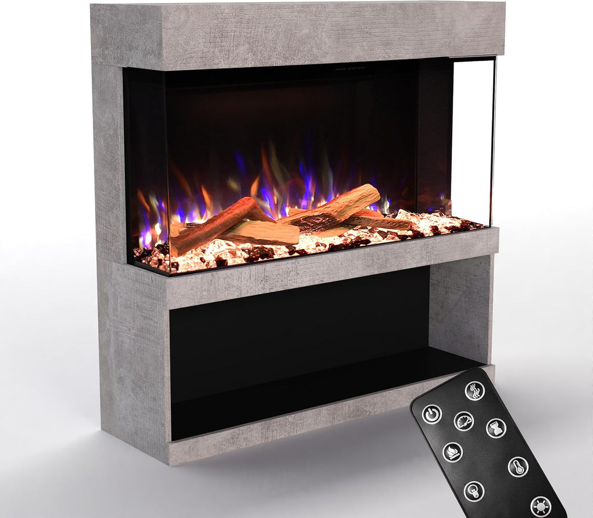 GLOW FIRE Elektrokamin, 130x131x40 cm, 1500 W, Grau, Kaminofen PR17 mit realistischem 3D E-Motion LED-Feuer -, Knistereffekt & Timer