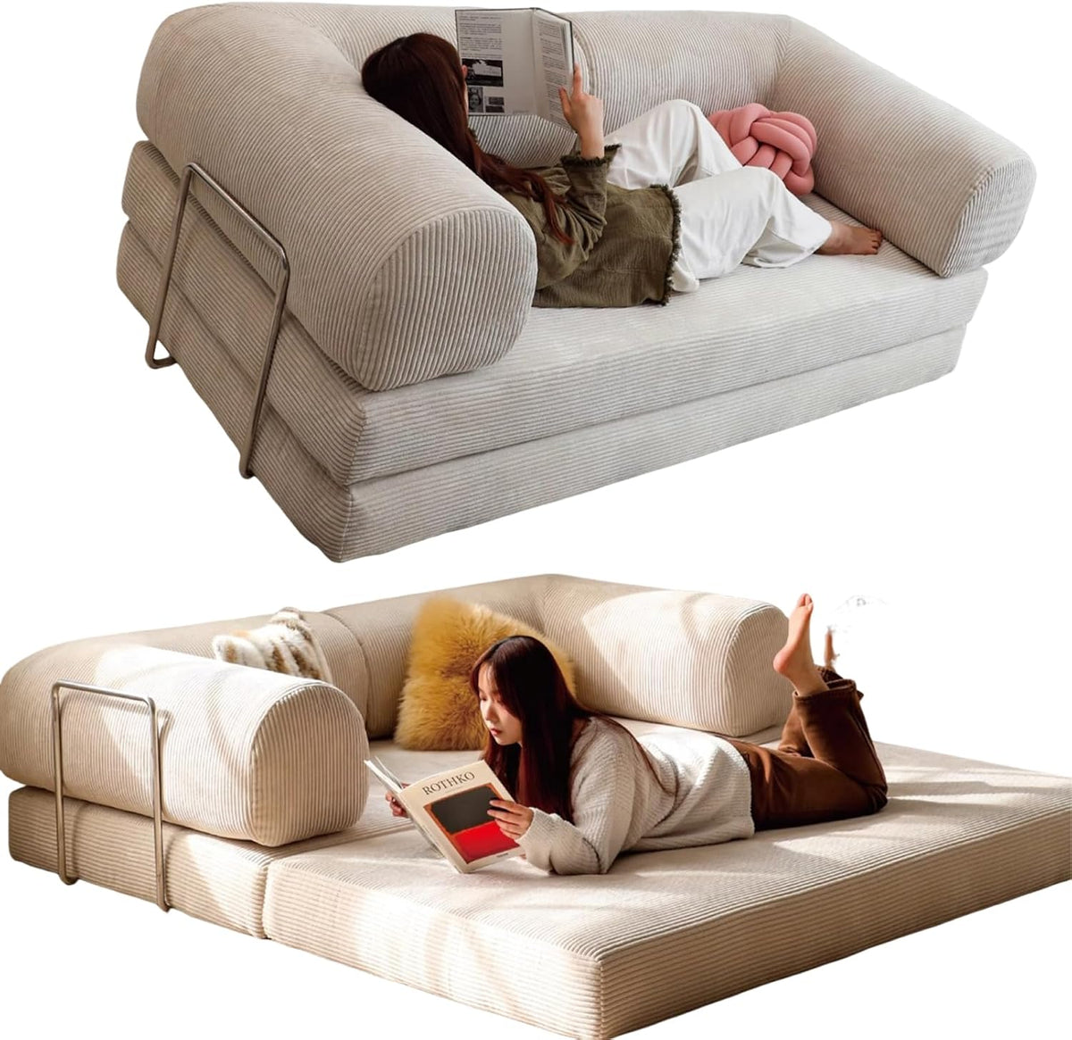 Sofa JS Ellie, 200 cm, 1.5m, Beige, Modernes modulares Schlaf aus Cord, gepolstertes Klapp, umwandelbares, knochenloses Boxspring