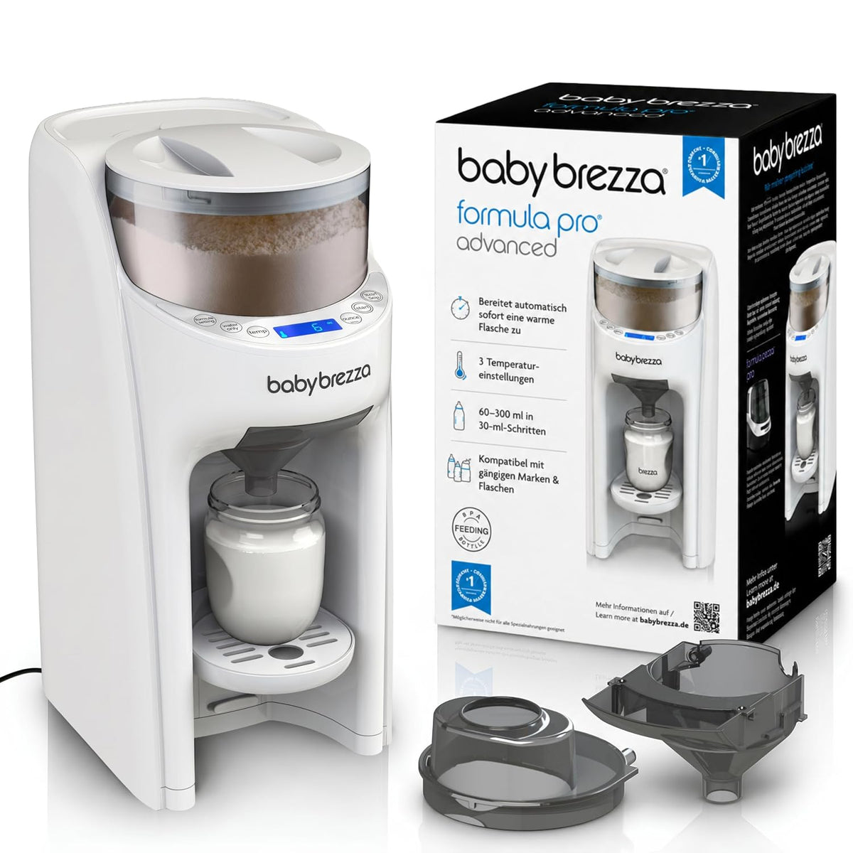 Baby Brezza Flaschenwärmer & -abkühler, Weiß, Formula Pro Advanced Automatischer Flaschenzubereiter, Mit 2 Milchpulvertrichtern (1 im Gerät