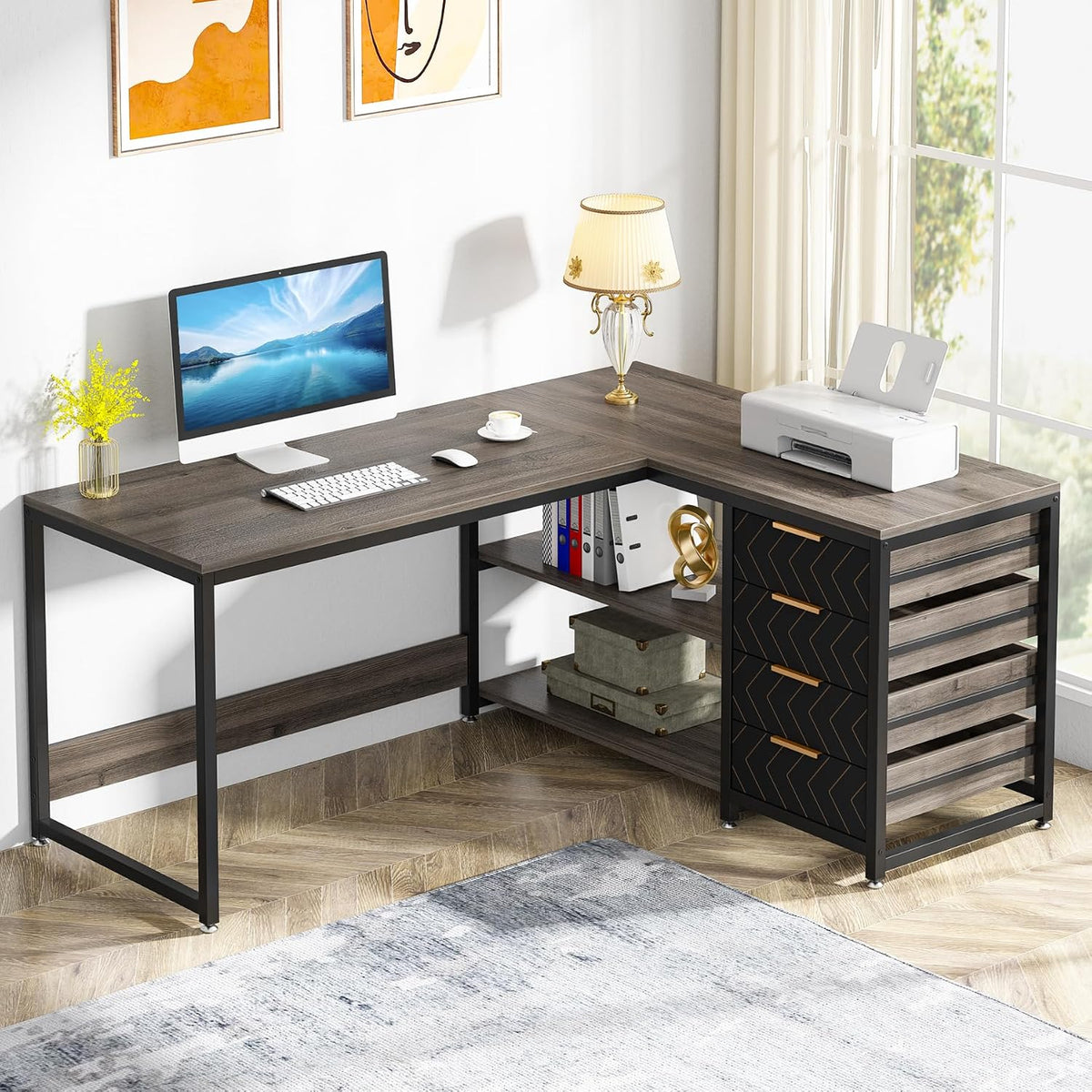 Tribesigns Schreibtisch, 150×110×75 cm, grau, l Form mit 4 Schubladen, L-förmiger lang Computertisch mit 2 Ablagen