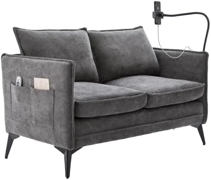 feynoss Sofa, 127 x 69 x 66 cm, 250 kg, Grau, 2-Sitzer klein mit Handyhalter & Seitentaschen, Chenille Stoff für kleine Räume