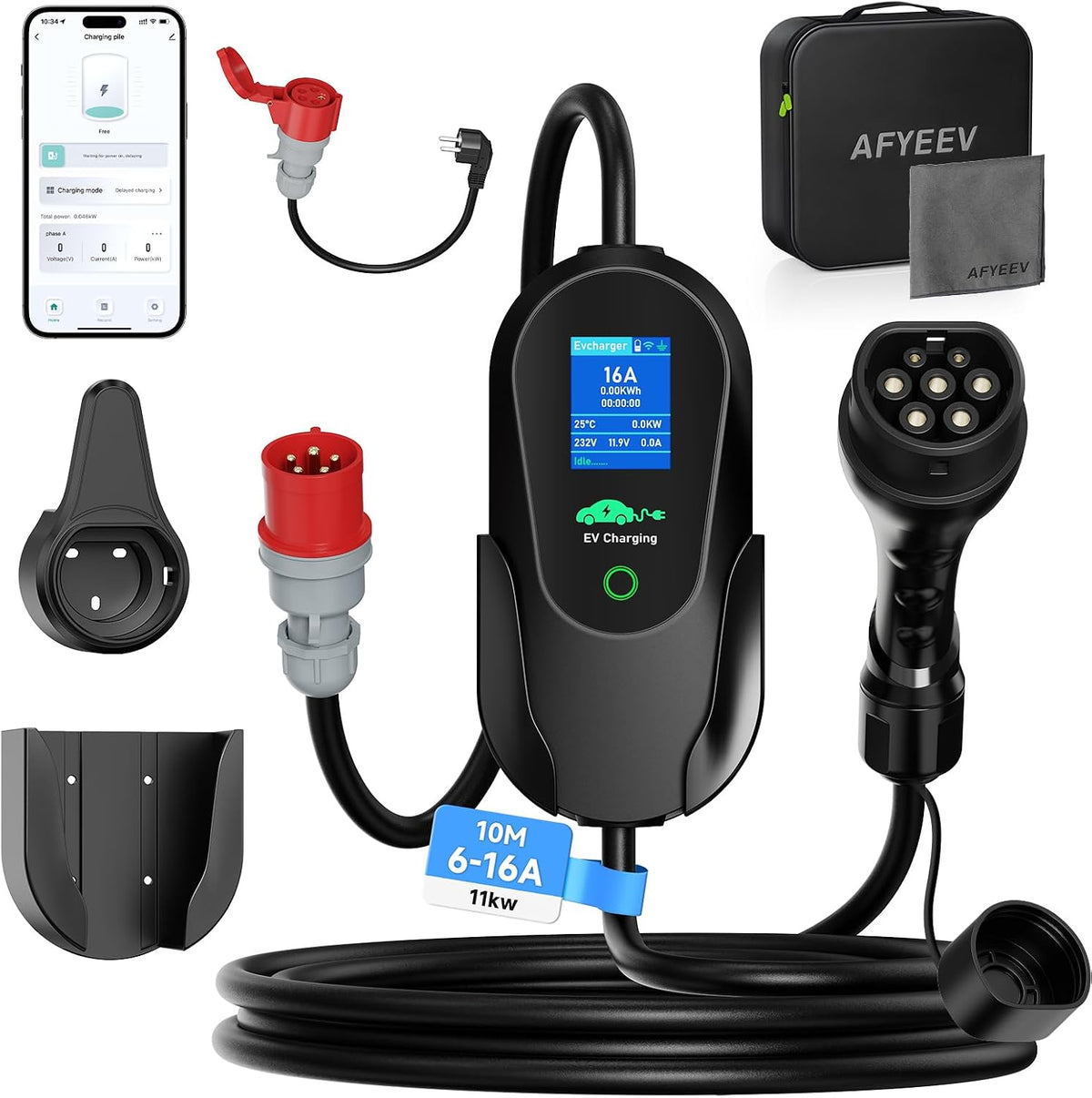 AFYEEV Ladestationenzubehör, 11 kW, 10M, Schwarz, Mobile Wallbox mit APP, Typ 2 Ladekabel CEE 16A 3-phasig