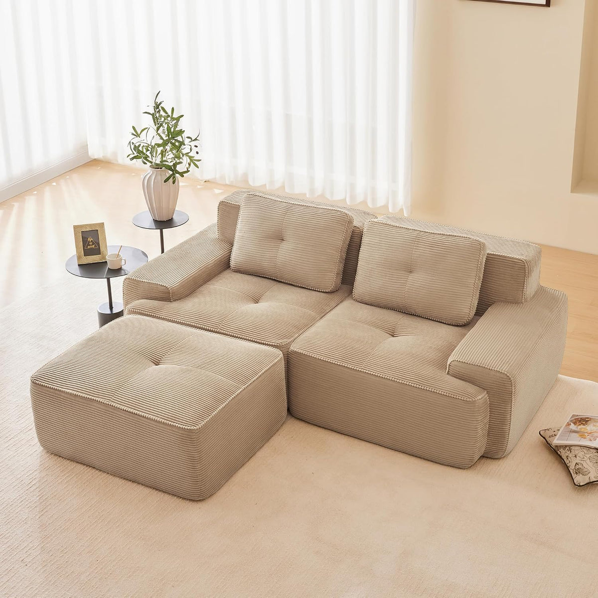 Sofa Dolamaní, Beige, Boneless Modular 2-Sitzer- + 1 Hockern Cord, montagefrei, Tiefem Sitz, L-förmiges, modernes Eck Eckcouch Couch