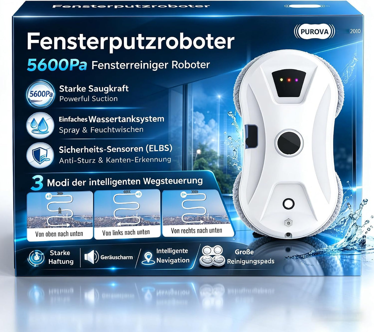 Purova Fensterputzroboter, Mehrfarbig, mit Sprühfunktion, 5600 Pa Fensterroboter mit Intelligenter Navigation, 3 Reinigungsmodi