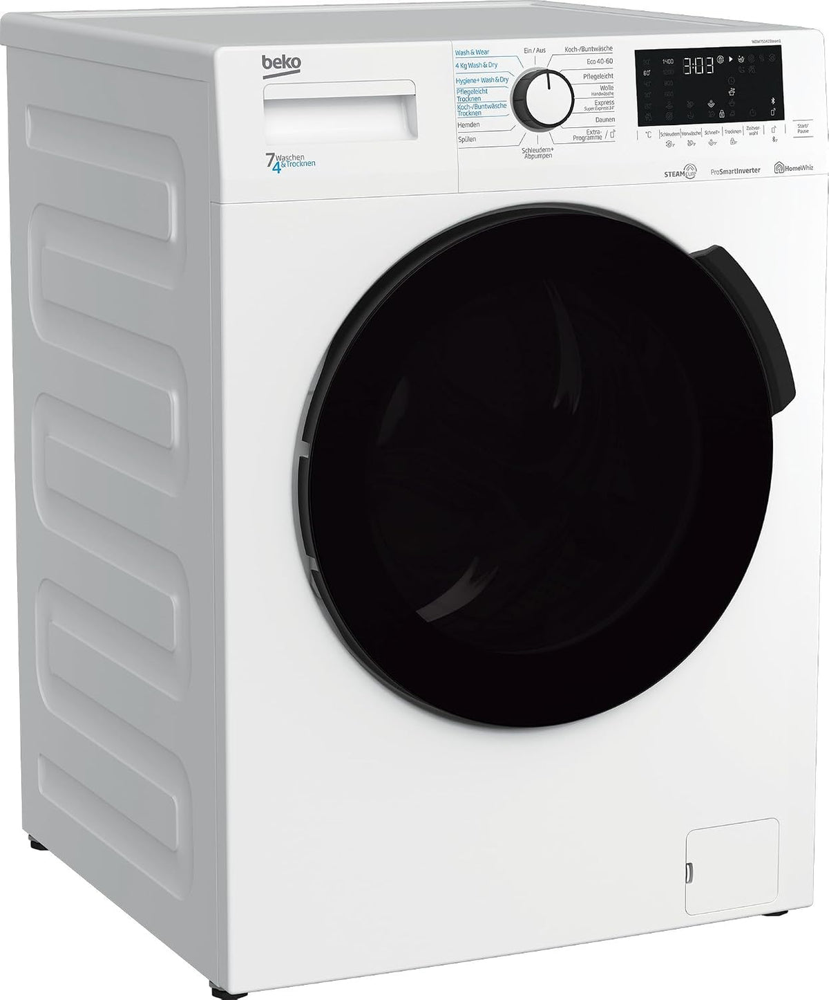 Beko Waschtrockner, 7 kg, 4 kg, Weiß/Schwarz, WDW75141Steam1 / Wasserkondensation/ schwarze XL-Tür/, Trocknen