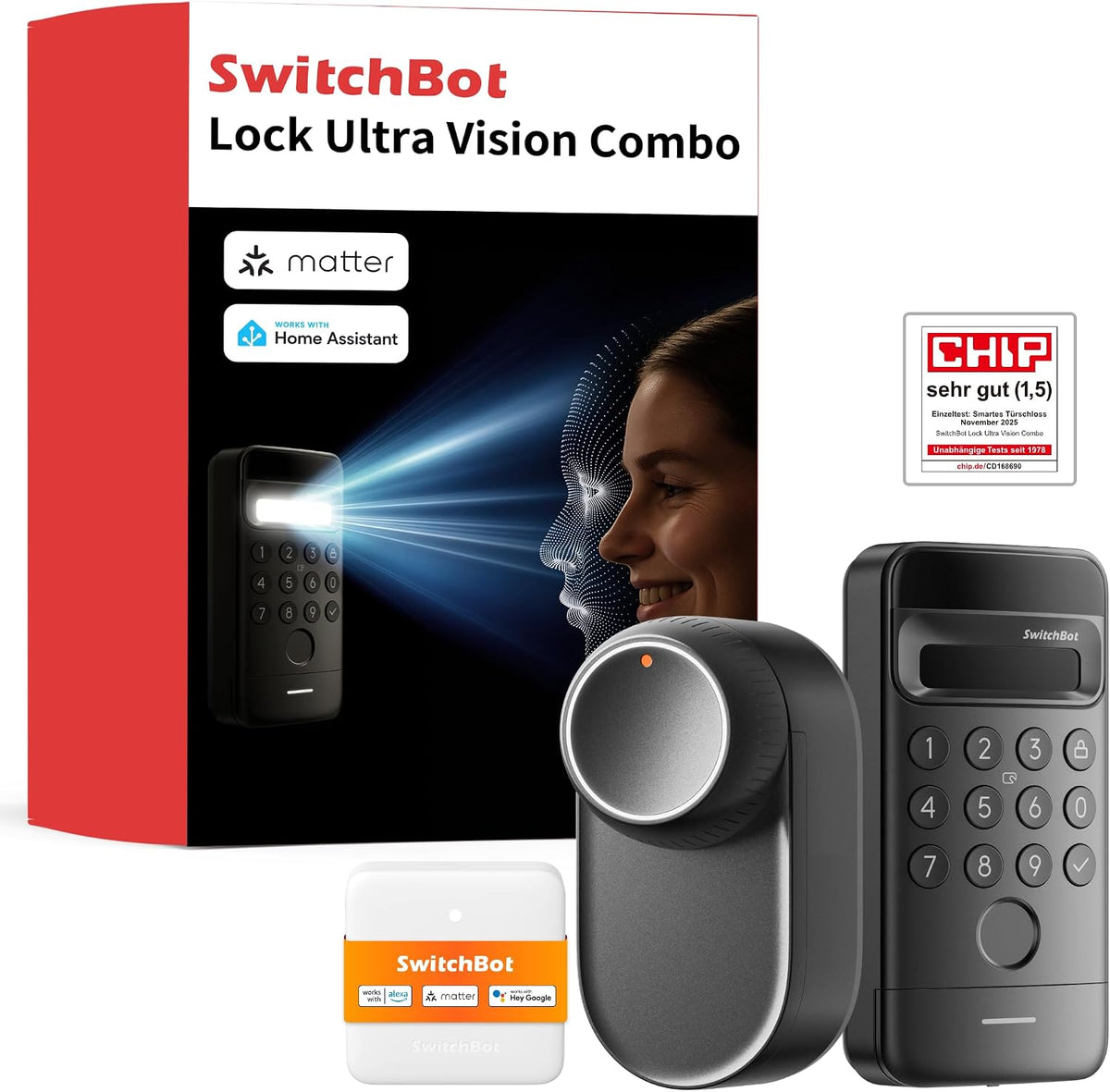 SwitchBot Türriegelschlösser, Schwarz, WLAN Smart Lock Ultra mit Keypad Vision, 3D-Gesichts-/Fingerabdruckerkennung
