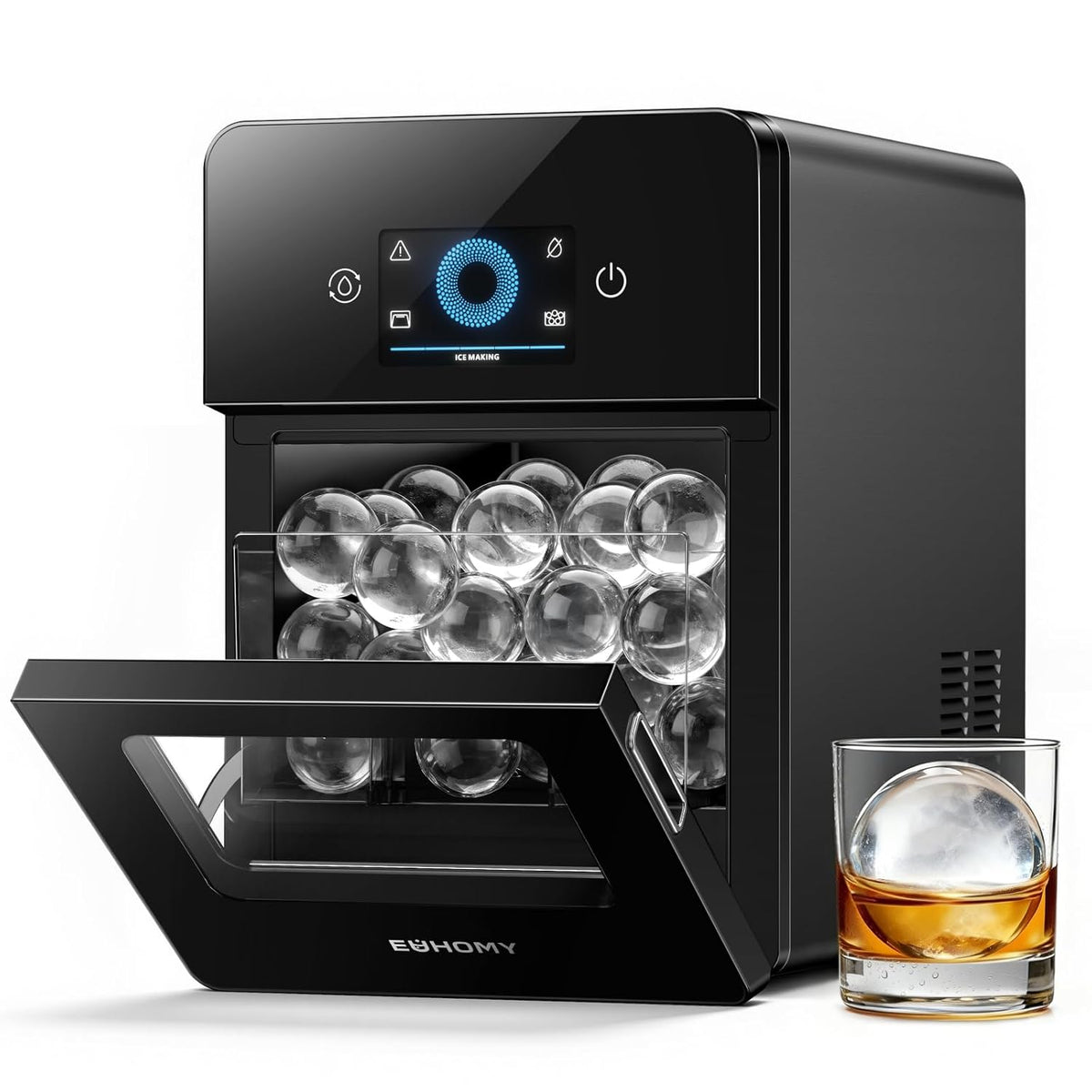 EUHOMY Eiswürfelmaschine, Schwarz, Kugelförmiger, Eiswürfelbereiter für Große Eisbällen, 108 Stück/Tag Selbstreinigende Eiskugelmaschine