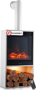 KAMINIO Elektrokamin, Weiß, Hugo mit Ofenrohr - Elektrischer Kaminofen mit Heizung, 3D-Flammeneffekt, LED-Ambientelicht