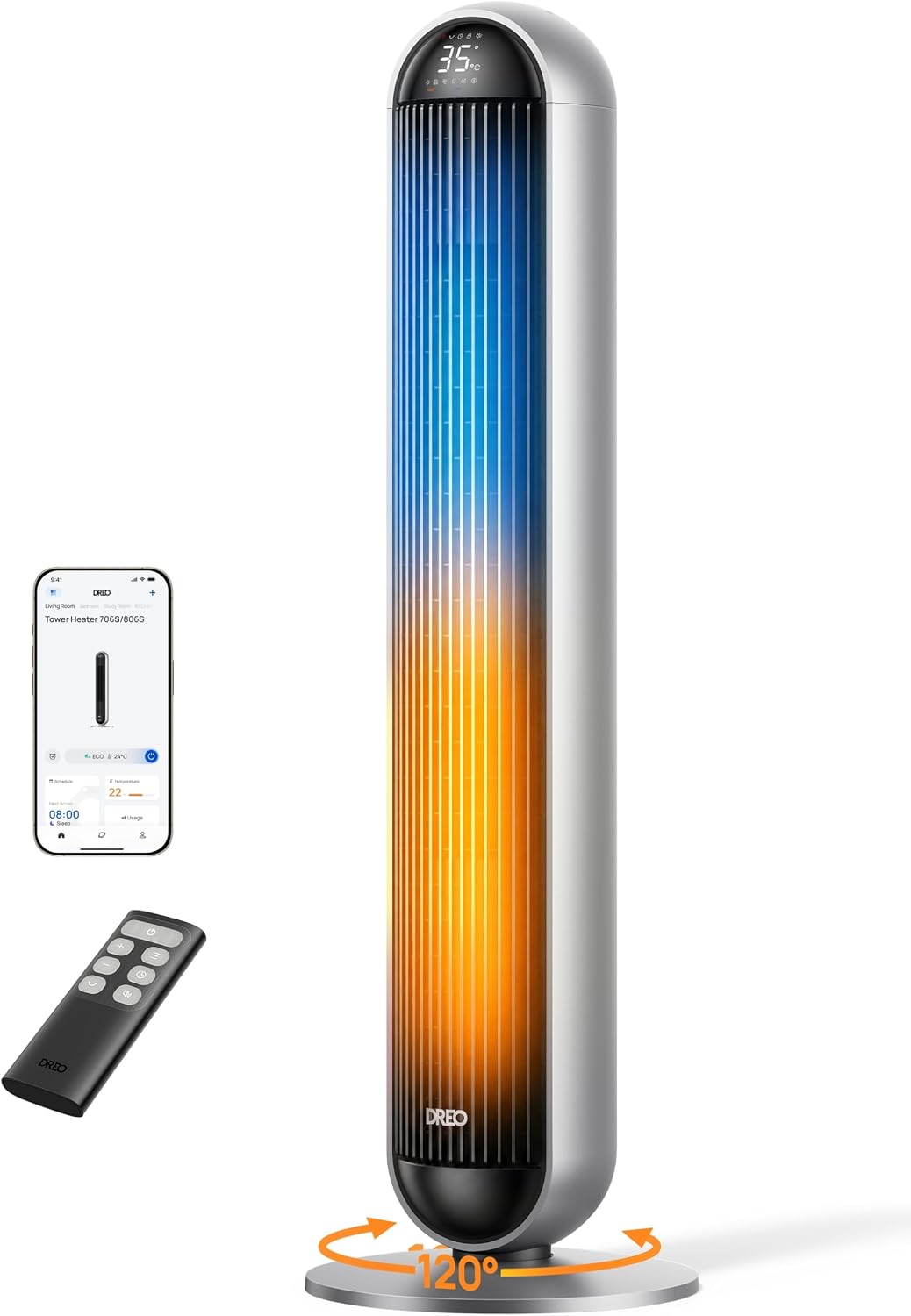 DREO Ventilator, 9m, Grau, Smart 2-in-1 Turm & Heizlüfter, /s Stand