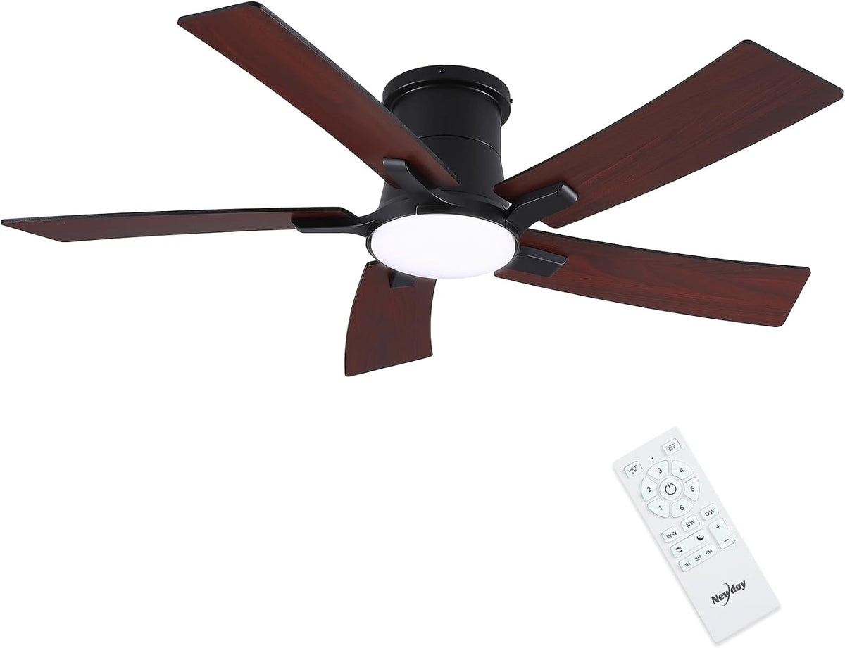 Newday Deckenventilator, 116 cm, Schwarz/Braun/Weiß, en Holz mit 5 Flügel, Ventilator Lampe Decke mit Fernbedienung Leise