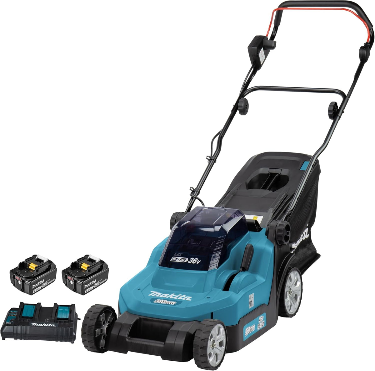 Makita Rasenmäher, 4,0 Ah, Blau/Schwarz, DLM382PM2 Akku- 2x18 V /, 2 Akkus + Doppelladegerät