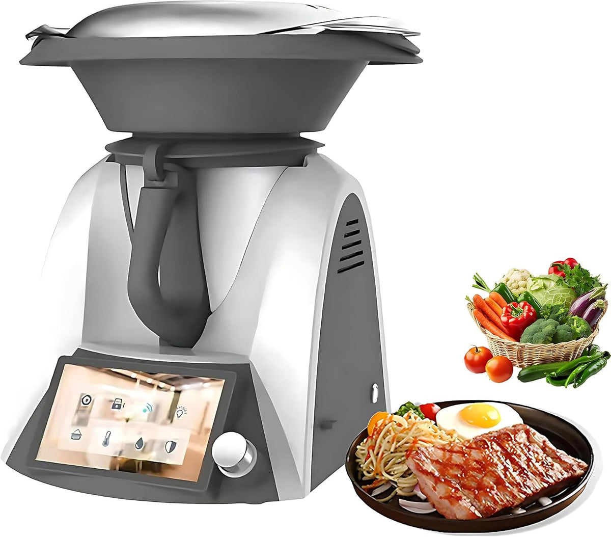 Multikocher, Schwarz, Elektrischer Kochroboter, Multifunktions-Thermomixer mit 7-Zoll-TFT-Bildschirm, automatische Rührbratmaschine