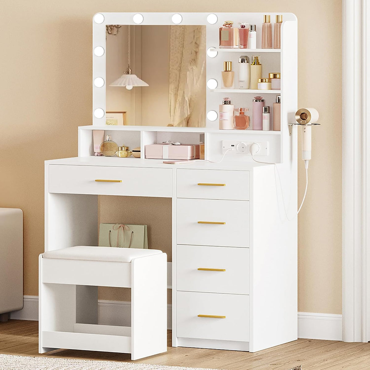 Schminktisch Hzuaneri, Spanplatte, MDF, Glas, Grau, mit 10 LED-Beleuchtung, Hocker, Weiß