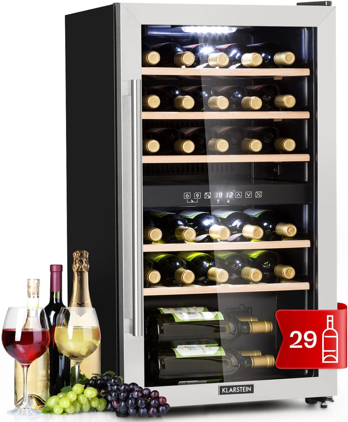 Klarstein Weinkühlschrank, Schwarz, Kühlschrank mit Glastür, Getränkekühlschränke Freistehend, Klein, Weinkühlschränke 2 Zonen