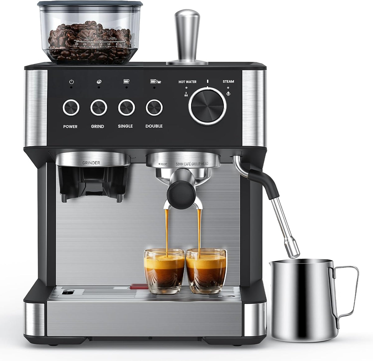 COWSAR Milchaufschäumer, 15 Bar, Schwarz/Silber, Siebträgermaschine mit Mahlwerk, mit Mahlwerk und manuellem, Drucksystem