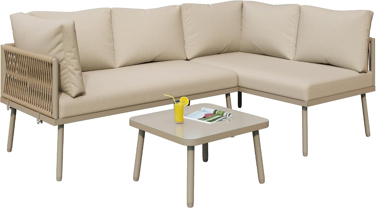 staronce Sofa, 10 cm, Grau, Eck Lounge Set, Polyrattan Sitzgruppe mit Couchtisch & Sitzkissen, Balkon & Terrasse