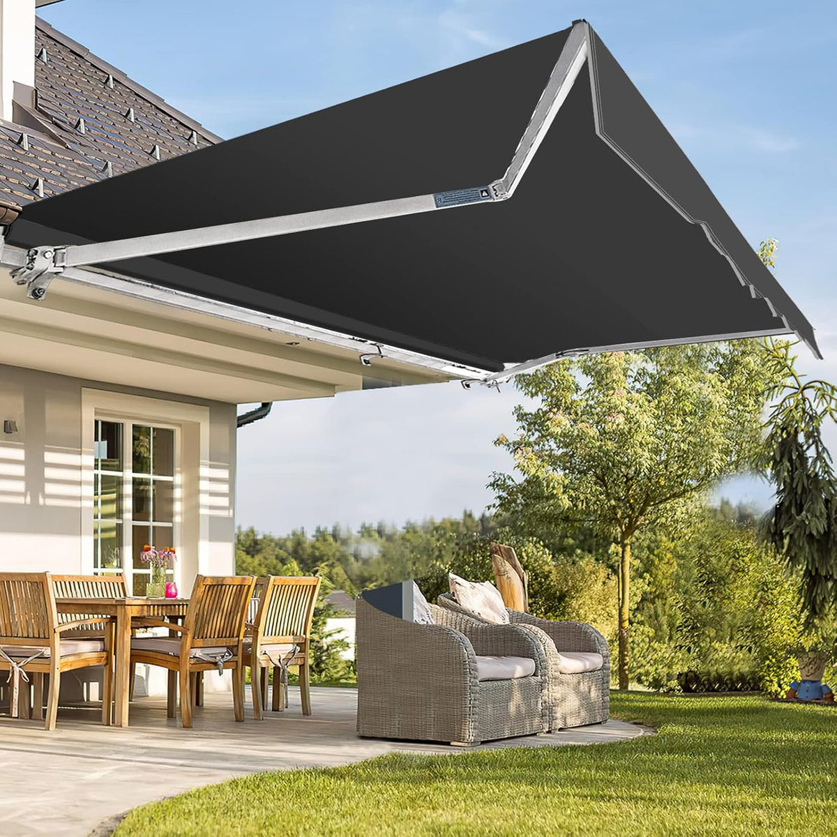 Fiqops Markise, 300 x 250 cm, Grau, manuelle Gelenkarm Sonnen Sonnenschutz mit Kurbel, Anti-UV und wasserfest, Alu/Polyester für Balkon