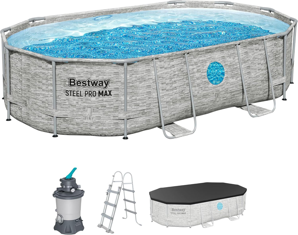 Bestway Stahlrahmenpool, 4,88 m, 3,05 m, 1,07 m, grau, 56946-7 Set Aufstellpool Oval Steel Pro Max Splashview, mit Steinoptik