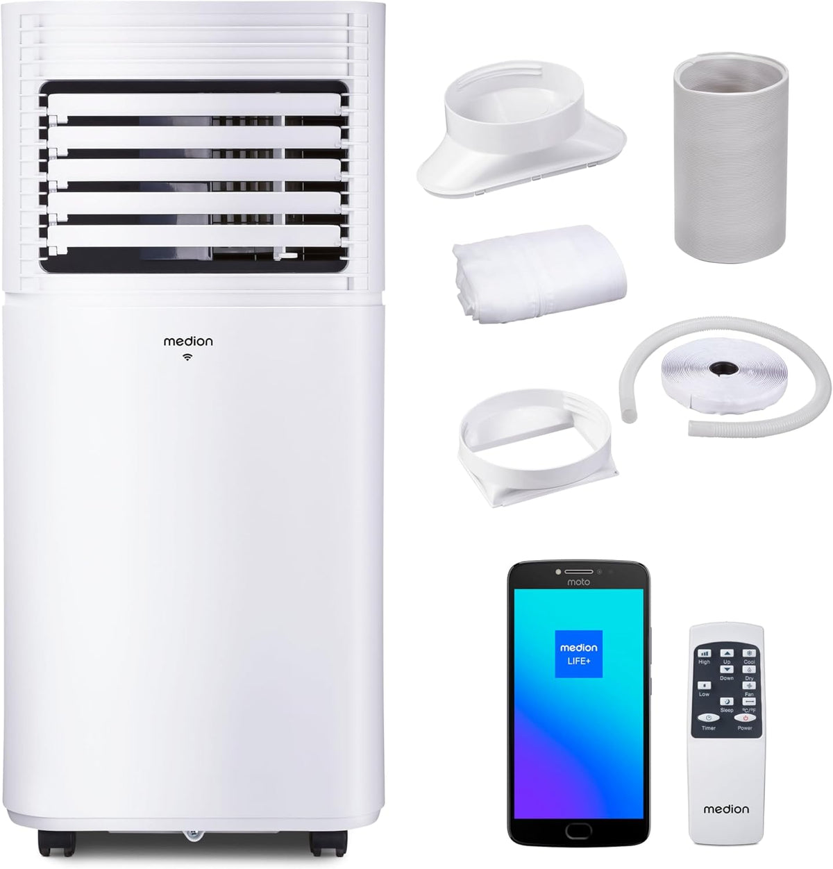 MEDION Mobiles Klimagerät, 25m, Weiß, Smarte Mobile Klimaanlage mit Abluftschlauch P701 (7000 BTU, mobil, inkl. Fensterabdichtung
