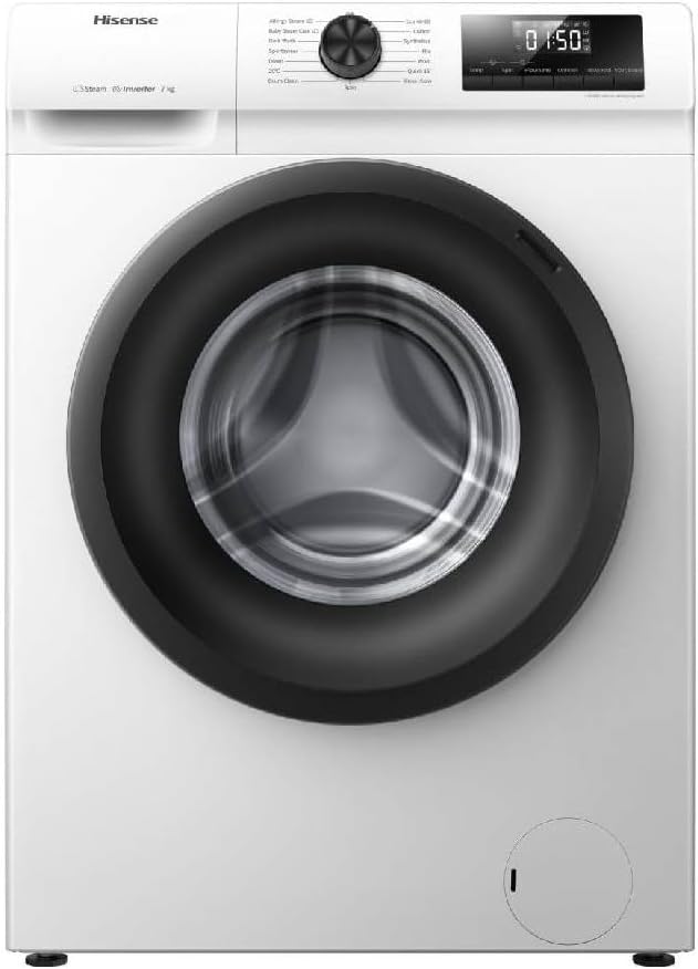 Hisense Waschmaschine, 84,5 cm, 59,5 cm, 7 kg, Weiß/Schwarz, WFQP701219VM, Klasse A, 1200 U/min, Höhe x Breite