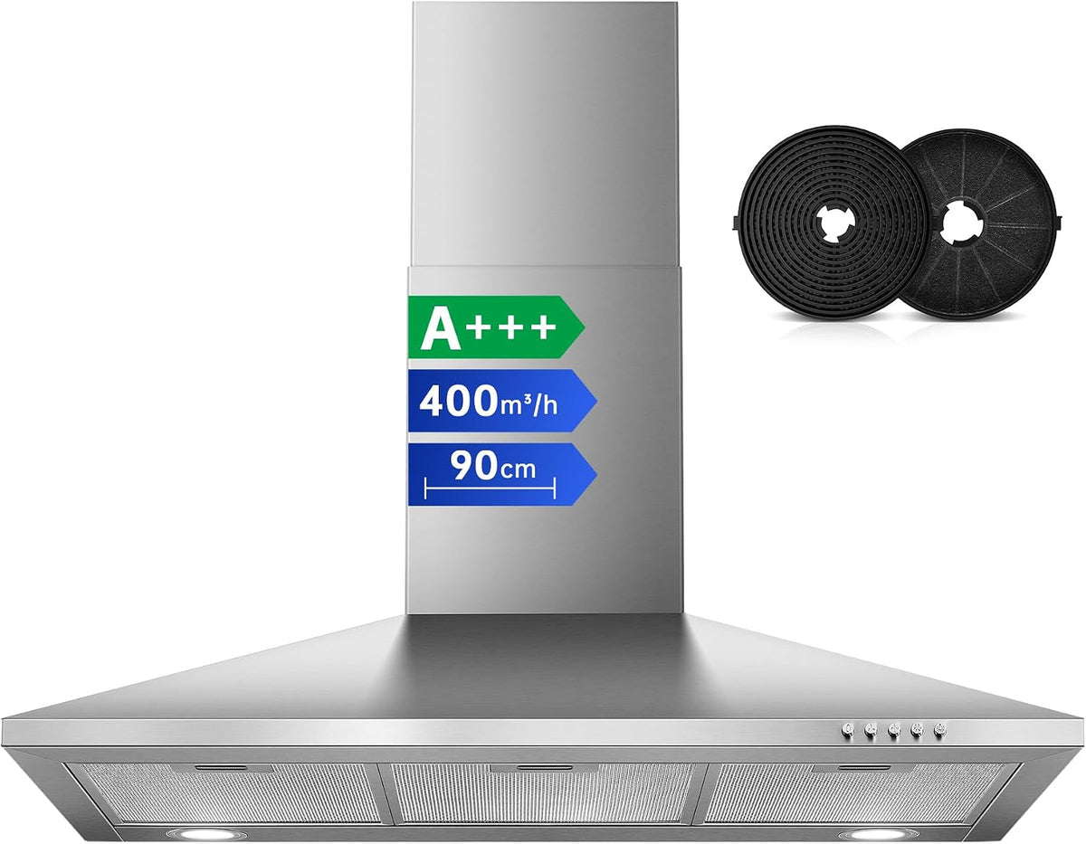 SNDOAS Dunstabzugshaube, 90 cm, 400m, Silber, Umluft, A+++ Pyramide Abzugshaube mit ³/h, inkl. Aktivkohlefilter für Abluft/Umluft