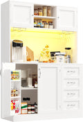 Httcg Buffetschrank, 120x40x188 cm, Weiß, Küchenschrank Hochschrank mit Arbeitsplatte und LED-Licht, Küchenbuffet mit Getränkehaltern und 4 Türen