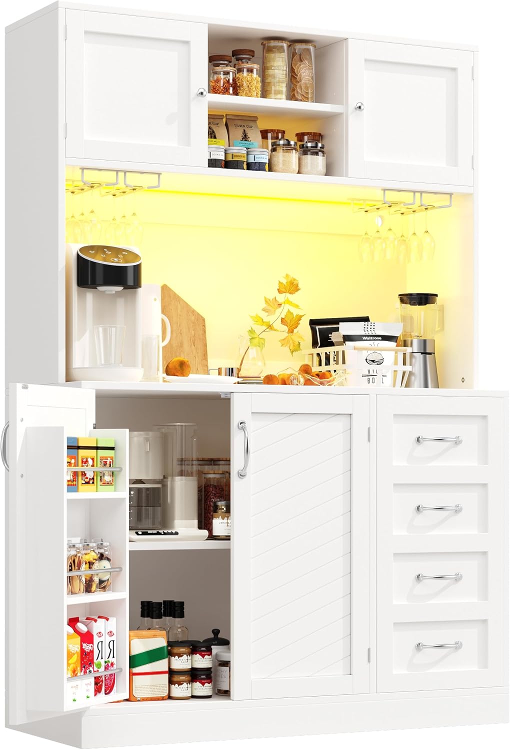Httcg Buffetschrank, 120x40x188 cm, Weiß, Küchenschrank Hochschrank mit Arbeitsplatte und LED-Licht, Küchenbuffet mit Getränkehaltern und 4 Türen